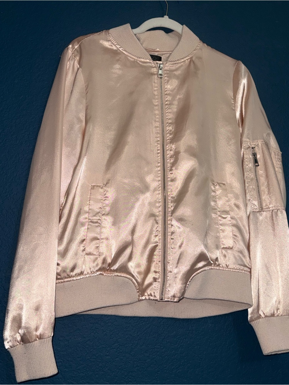 Brandon Thomas Pale Pink Satin Bomber Jacket